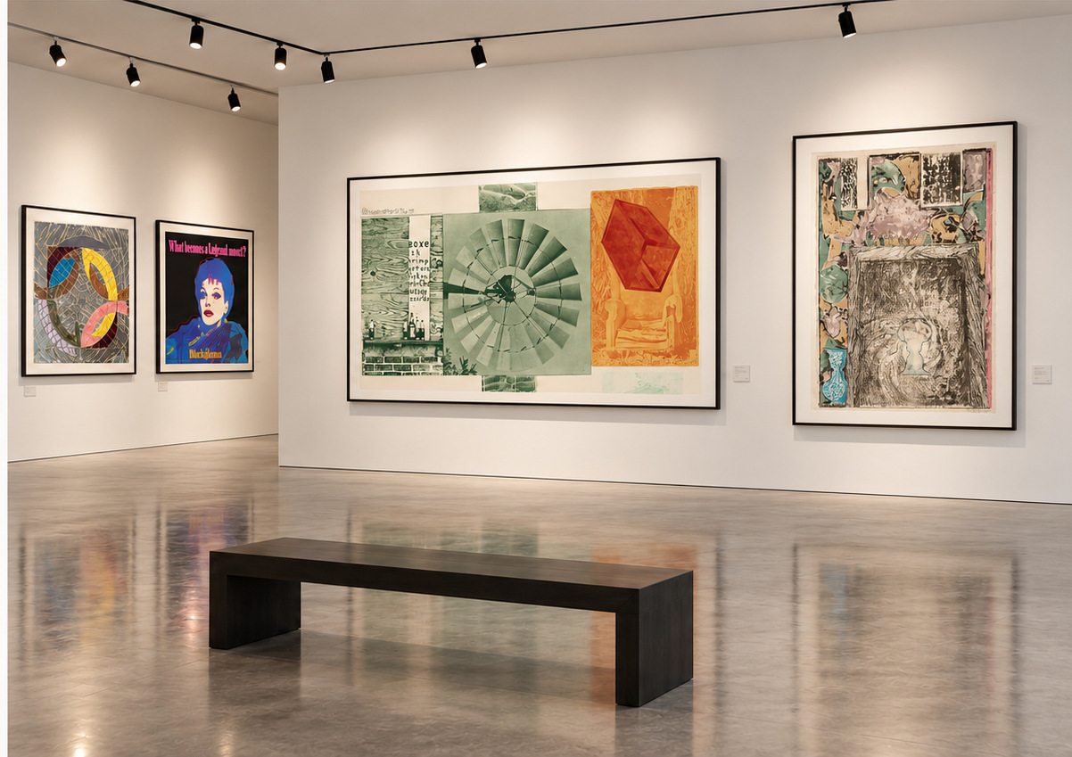 Conceptual fine art gallery display featuring framed works by Robert Rauschenberg, Jasper Johns, Frank Stella, and Andy Warhol